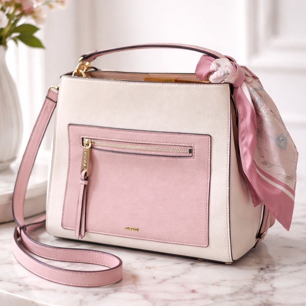 ALDO Blush Pink Cream Satchel Crossbody Gold Hardware Structured Bag w/Scarf